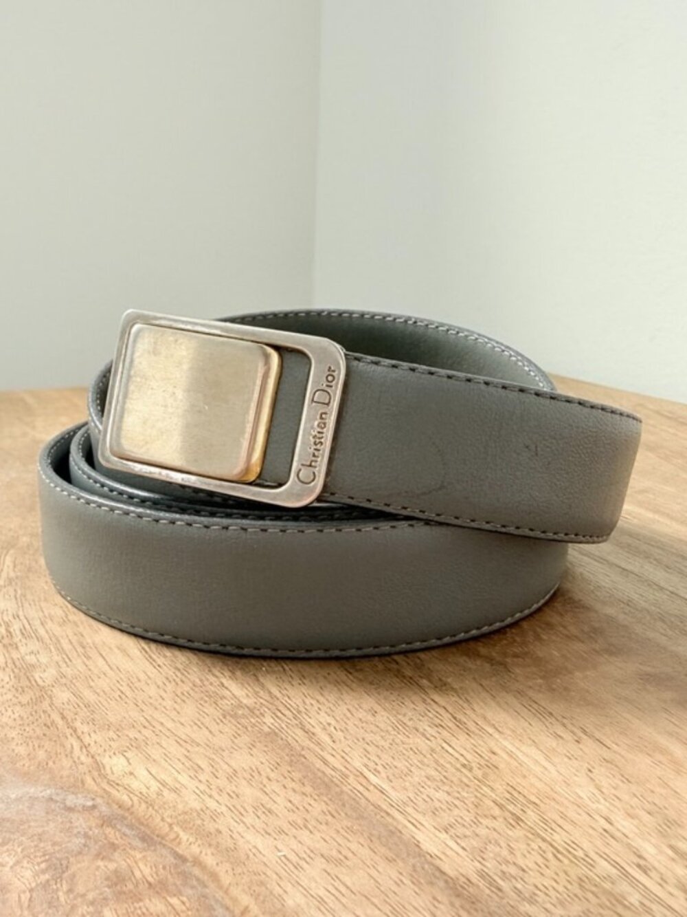 Vintage CHRISTIAN DIOR Grey Leather Belt Gold Silver Block Plaque Buckle